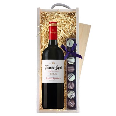 Monte Real Tempranillo 75cl Red Wine & Heart Truffles, Wooden Box